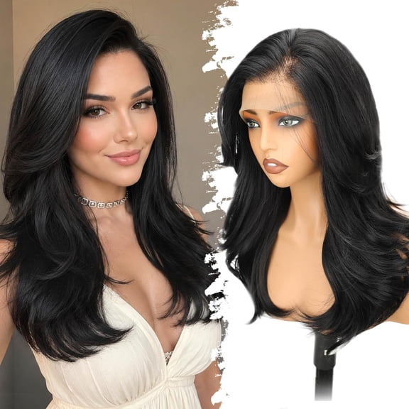 poalid 13x6 Lace Front Wig for Women, Glueless Synthetic Wig | Soft layered blowout, free parting, natural-looking hairline, 20-inch styled length, beginner-friendly adjustable cap.
