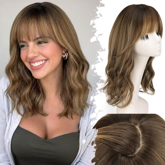 poalid Wig with Bangs for Women Synthetic Wavy Brown Blonde Highlight 18In | Layered Curly Wavy Wigs with Bangs for Women, Glueless Wig 4x4 Realistic Scalp Free Parting, Beginner Friendly for Daily W