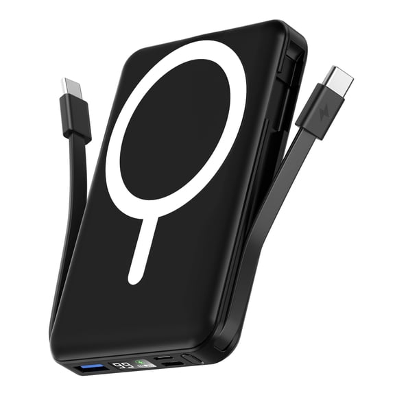 podoru for Magsafe Battery Pack, 10000mAh Magnetic Power Bank Built-in Double USB C Cables 20W PD Fast Charging LED Display Wireless Portable Charger for iPhone 17/16/15/14/13/12 Series-Black