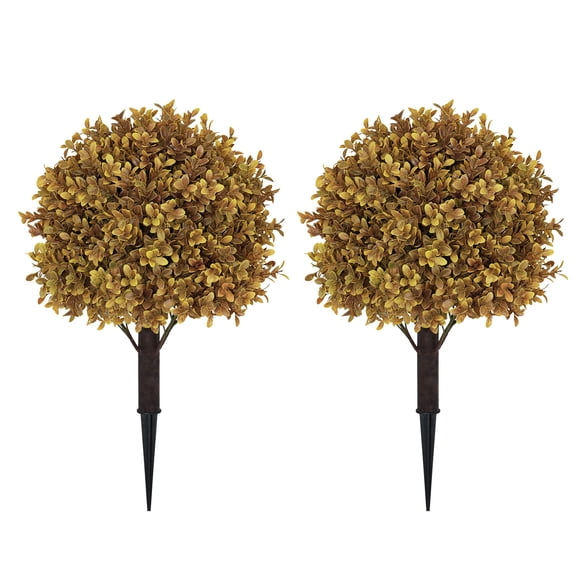 poetree 24" Artificial Fall Plants Outdoor, Set of 2 Faux Topiary Bushes with Ground Stake | UV Resistant Autumn Shrubs, Lifelike Decorative Ball Trees for Front Porch, Garden, Yard & Landscape Decor