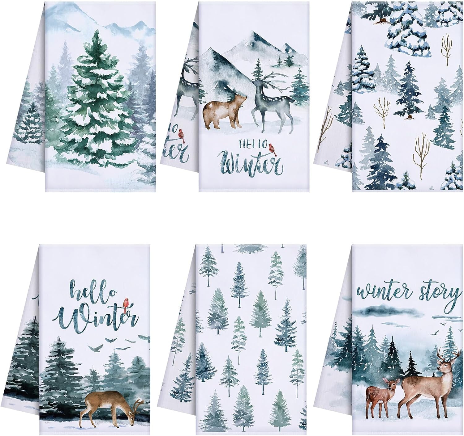 pogooe 6 Pcs Christmas Kitchen Towels Hello Winter Tea Towels Pine Trees Reindeer Dish Towels Woodland Dish Cloths Snow Home Decoration for Winter Housewarming Cooking Bathroom Gift, 18 x 26''''