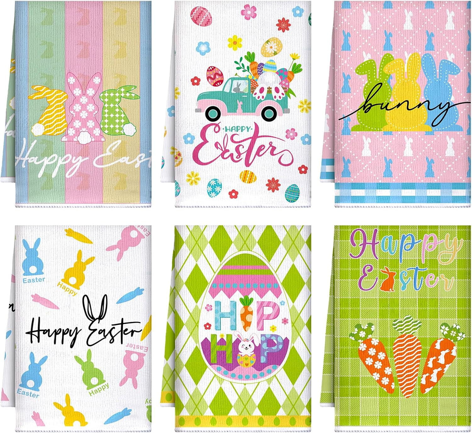 pogooe 6 Pcs Easter Kitchen Towels Colorful Easter Dish Spring Bunny Egg Truck Tea Towels Dish Cloths Seasonal Home Decoration for Hand Drying Holiday Bar Farmhouse, 18 x 26''''