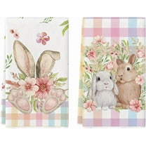pogooe Colorful Buffalo Plaid Bunny Rabbit Flower Easter Kitchen Towels Dish Towels, 18x26 Inch Seasonal Decoration Hand Towels Set of 2
