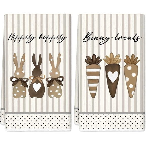 pogooe Easter Kitchen Towel Brown Grey Stripes Dish Towels Easter Bunny Rabbit Carrot Hand Drying Tea Towel for Cooking Baking Cleaning, 2Pcs, 18 x 26 Inch
