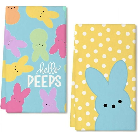 pogooe Easter Kitchen Towels Set of 2,White Polka Dot Bunny Hello Peeps Dish Towels 18x26 Inch Drying Dishcloth,Farmhouse Holiday Seasonal Spring Decorations AD251