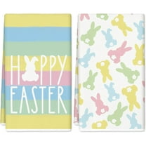 pogooe Happy Easter Kitchen Towel Colorful Striped Easter Bunny Rabbit Dish Towels 18 x 26 Inch Hand Drying Tea Towel for Cooking Baking Cleaning, Set of 2
