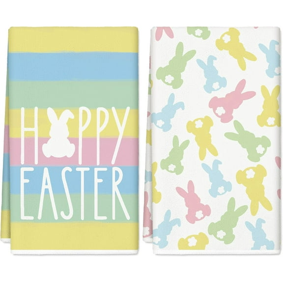 pogooe Happy Easter Kitchen Towel Colorful Striped Easter Bunny Rabbit Dish Towels 18 x 26 Inch Hand Drying Tea Towel for Cooking Baking Cleaning, Set of 2