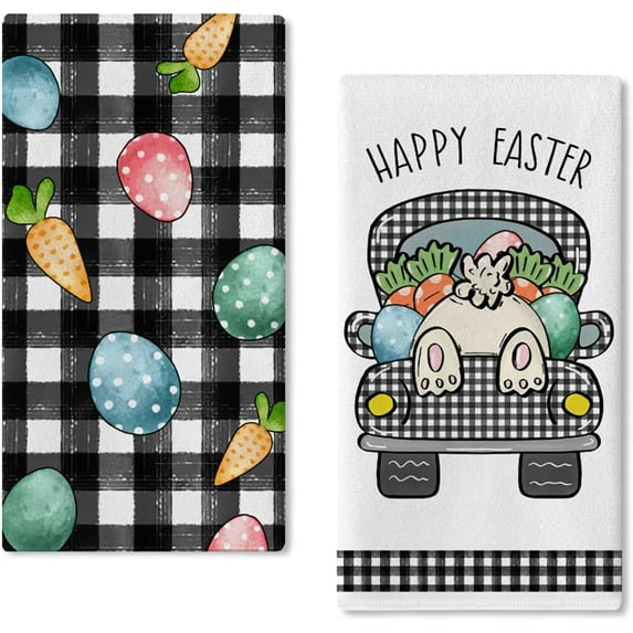 pogooe Happy Easter Truck Black Buffalo Plaid Check Kitchen Dish Towel 2 Packs, Bunny Egg Polka Dot Tea Bar Hand Drying Baking Cloth, Spring Funny Rabbit Carrot Farmhouse Decor Home Decorations 18x26