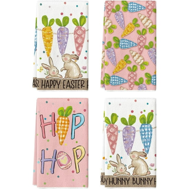 pogooe Pink Carrots Bunny Happy Easter Kitchen Towels Dish Towels, 18x26 Inch Spring Farmhouse Rabbit Decoration Hand Towels Set of 4