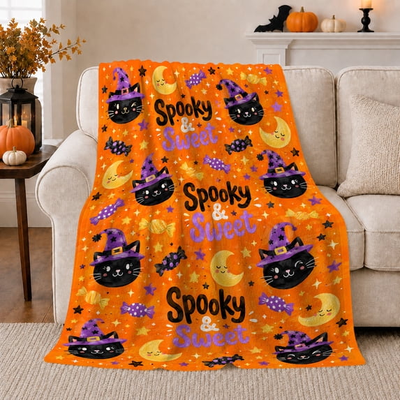 pointed-hat character Hat Cats With confection illustrations And Moons, Soft Flannel Blanket, Playful autumn celebration Cartoon Home Decor for Bedroom and Living Room, Housewarming Gift