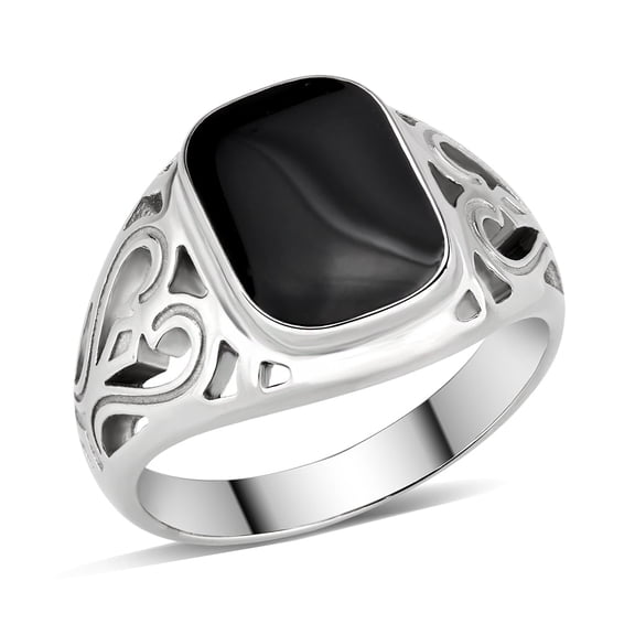 polished Stainless Steel Ring with Epoxy in Jet for Women Jet Stone Color Style TK3753 Size 11