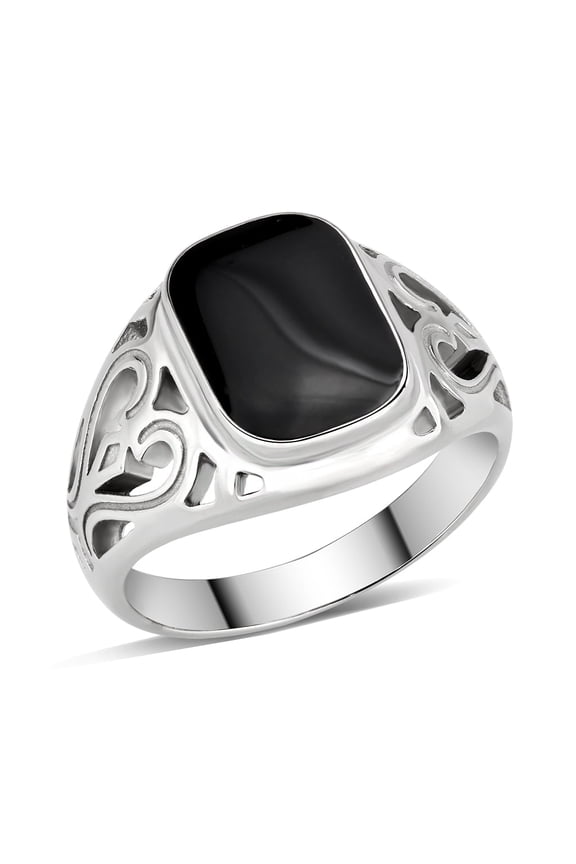 polished Stainless Steel Ring with Epoxy in Jet for Women Jet Stone Color Style TK3753 Size 12