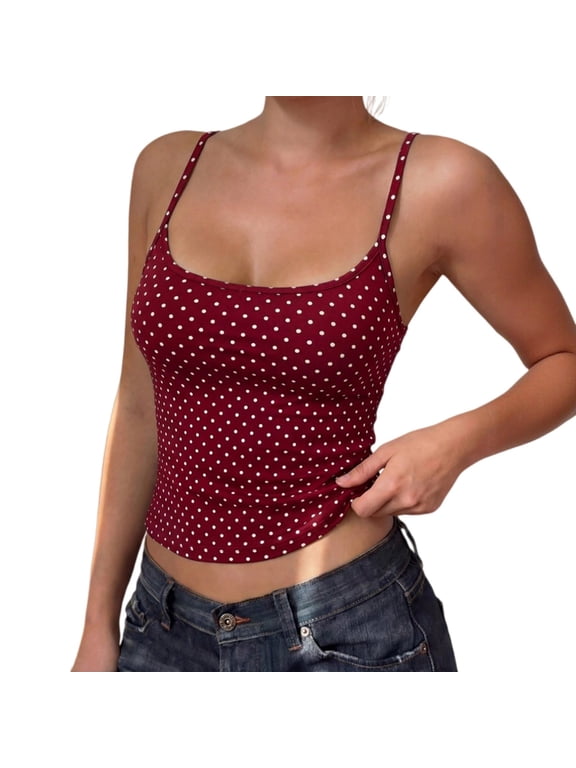 polka dot tank top for women Spaghetti Strap slim Fitted Crop Camisole Layering Going Out Y2K Cami Summer Tops Casual Beach Camisole Basic Shirt Streetwear Sleeveless crop tops Concert Outfits Red