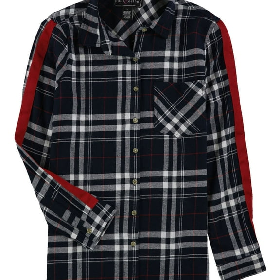 polly & esther Womens Plaid Button Up Shirt, Blue, Large