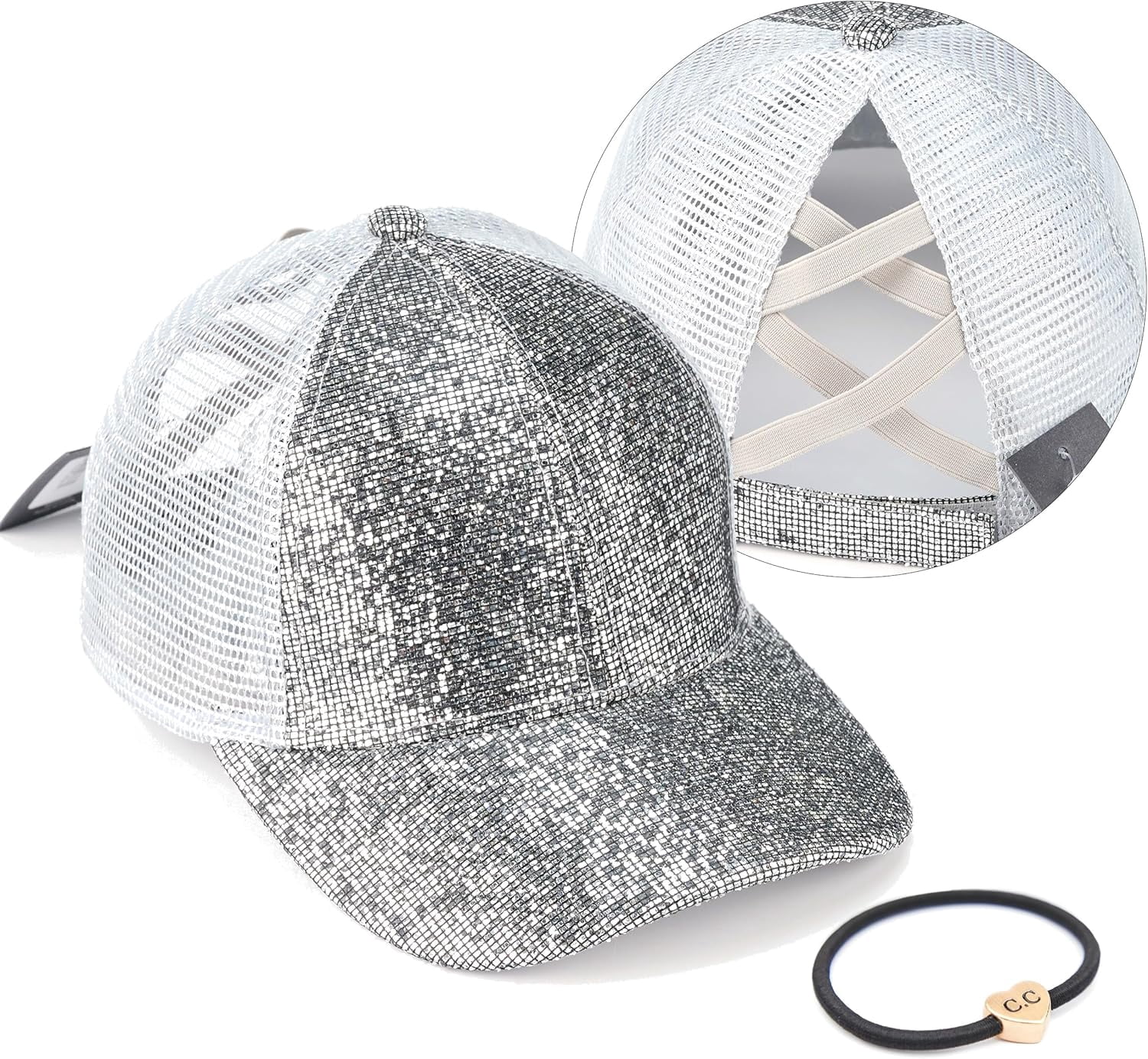 ponycap messy high bun ponytail adjustable glitter mesh  display picture 1