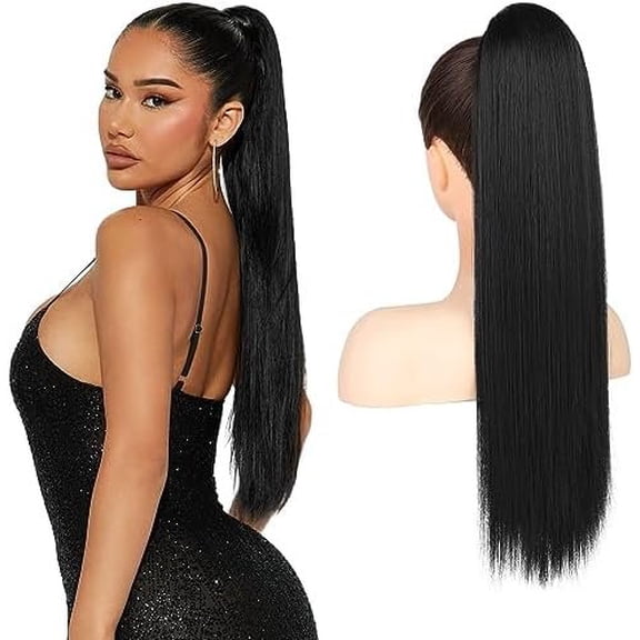 ponytail extension, 22 Inch Long Straight Drawstring Ponytail Synthetic Hairpieces Pony Tails Soft Clip in Hair Extension ponytail for Women ( Black)
