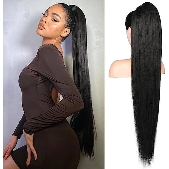 ponytail extension, 36 Inch Long Straight Drawstring Ponytail Synthetic Hairpieces  Pony Tails  Soft Clip in Hair Extension ponytail for Women ( Black)