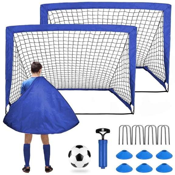 LNOW Portable Set of 2 Soccer Goals, 4x3ft Folding Soccer Net for Backyard Training for Kids and Teens,Blue
