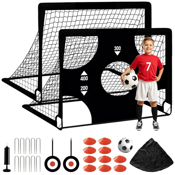 LNOW Set of 2 Portable 4x3 ft Kids Soccer Goals for Backyard – Toddler Training Equipment with Target, Ball, Cones & Net – Outdoor Sports Gift