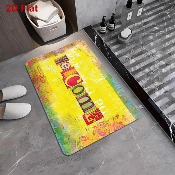 This pop art-style "WELCOME" themed floor mat is made of highly absorbent diatomaceous earth and is machine washable. Suitable for entryways, kitchens, bathrooms, living rooms, bedrooms, and studies.
