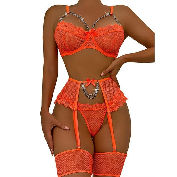 popiv Women 4 Piece Lace Strappy Lingerie Set Underwired Fishnet Lingerie Bodysuit for Women,Orange,S-L