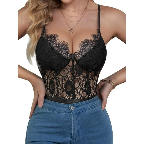 popiv Women's Bodysuit Sexy Eyelash Lace Corset Top Naughty Snap Crotch Teddy Lingerie,Black,M