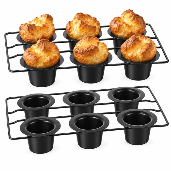 2 Pcs Popover Pans Set, Nonstick Muffin Cupcake Pan, 12 Cups|Carbon Steel, Round Bakeware Mould, Easy Release & Clean, for Muffins Quiches Pudding Cakes, Silicone Brush Included