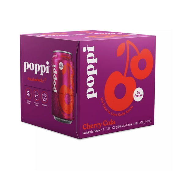 poppi Cherry Cola Prebiotic Soda, 12 oz, 4 Pack Cans
