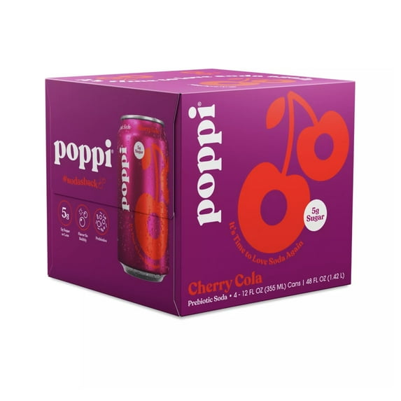poppi Cherry Cola Prebiotic Soda, 12 oz, 4 Pack Cans