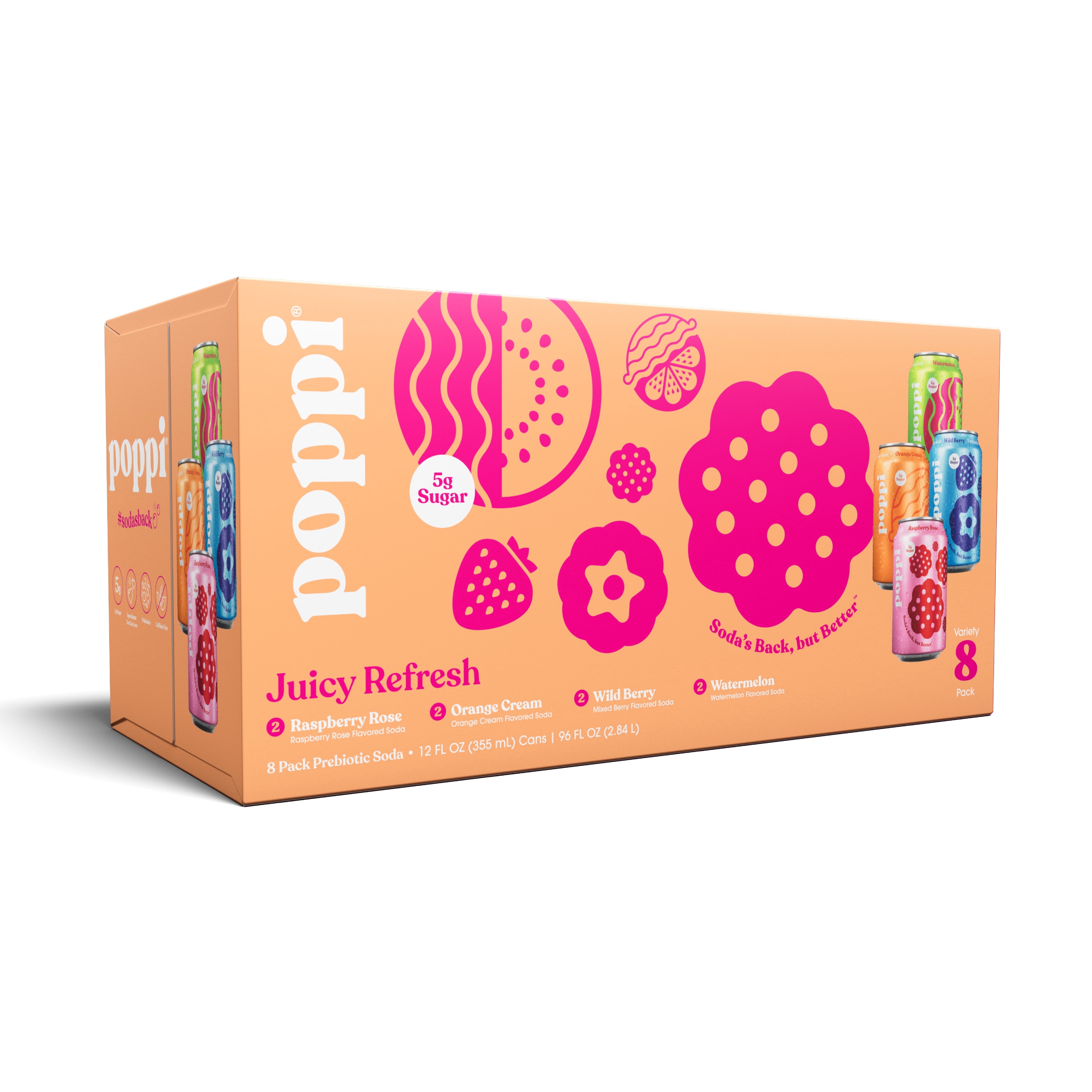 poppi Juicy Refresh Prebiotic Soda Variety Pack, 12 fl oz, 8 Pack
