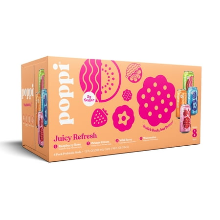 poppi Juicy Refresh Prebiotic Soda Variety Pack, 12 fl oz can, 8 pack
