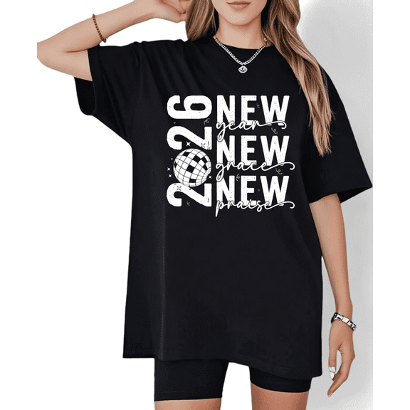 Black 2026 Disco Ball Graphic Tees New Year Party Print Tshirt T shirt Grace Praise Shirts S-5XL Classy Cotton Graphic Tops
