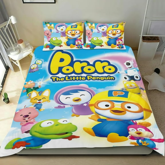 pororo the little penguin Themed Bed Sheet Set Three Piece Set 53x79 In ches Comfortable And Skin Friendly Unique Design Creating A Star Studded Night Home Decor Gifts For Family Friends fans