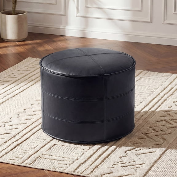 Poshby Genuine Leather Pouf Ottoman with Round Shape, Handmade Stuffed Foot Stool for Living Room&Bedroom, Black