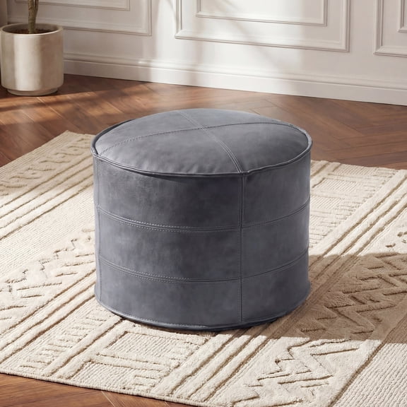 Poshby Genuine Leather Pouf Ottoman with Round Shape, Handmade Stuffed Foot Stool for Living Room&Bedroom, Grey