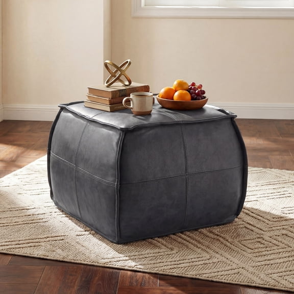 poshby Genuine Leather Ottoman Square, Handmade Stuffed Foot Rest Stool, Soft Seating Pouf for Living Room & Bedroom, Grey