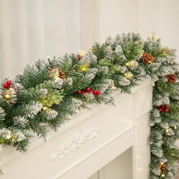 Qunler 9ft Outdoor Pre-Lit Christmas Garland with Lights & Timer for Fireplace Mantel Indoor Outdoor Christmas Decoration, 8 Modes, Battery Operated, Green