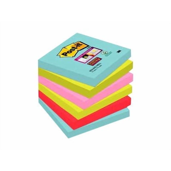 post-it super sticky notes, 2x sticking power, 3" x 3", miami collection, 6 pads per pack, 65 sheets per pad (654-6ssmia)