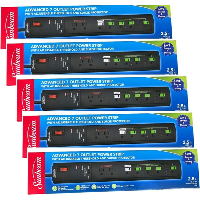 pot Pack 5 Sunbeam Advance 7 Outlet Power Strip, 15A Power Strips with