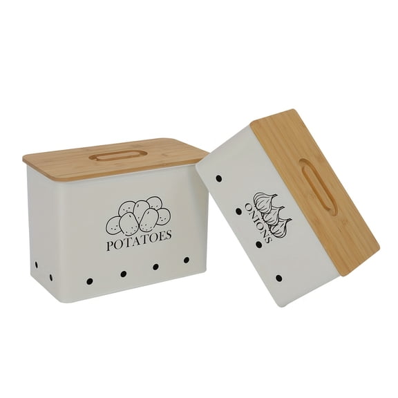 potato and onion storage bin, 2 pack Metal Storage Canisters for Vegeatables with Bamboo Lid, Large Potato Onion Kitchen Storage Canisters, black