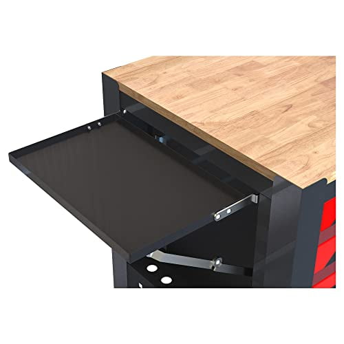pouseayar 4 Drawers Tool Cart, Multi-Purpose Tool Box with Wheels and Wooden Top, Locked Drawers Storage Organizer Cabinet for Garage, Warehouse, Repair Shop, Workshop - Red