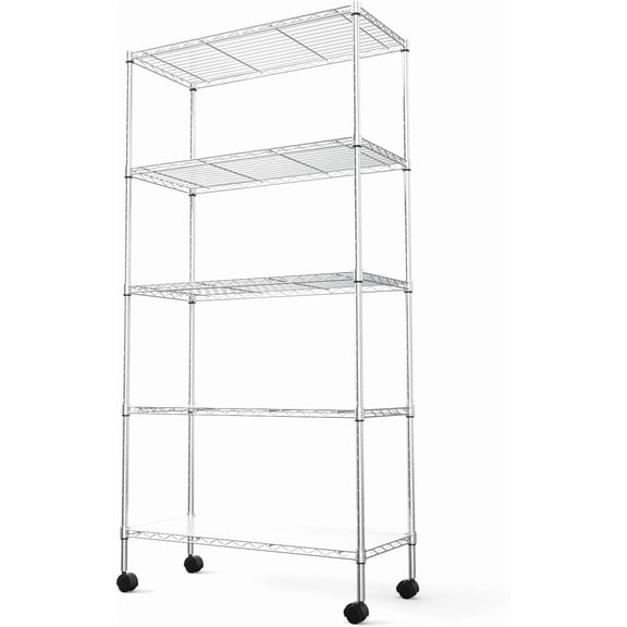 pouseayar Wire Shelving Unit 5 Tier NSF Metal Shelf, Heavy Duty 750lbs Capacity Storage Adjustable Rack with Wheels & Shelf Liners for Closet Kitchen Garage Basement, 60" H x 30" L x 14" D - Chrome