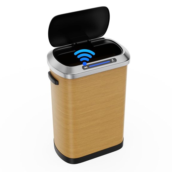 pouseayar Wood Color 13 Gallon 50L Smart Automatic Trash Cans, Stainless-Steel Thickened Body with Super Mute Sensor Lid and 30 Count Garbage Bags for Kitchen Office Bedroom Waste Bin and More