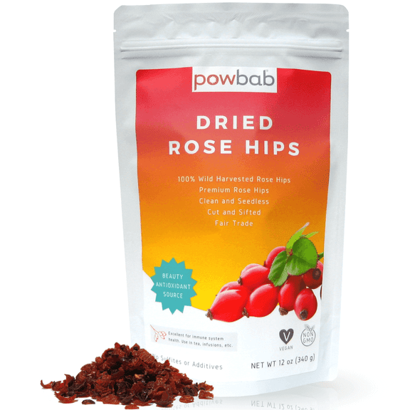 powbab Dried Rose Hips - 100% Wild, Organic Rosa Rubiginosa, Rosehip Tea, Vitamin C (12 oz)