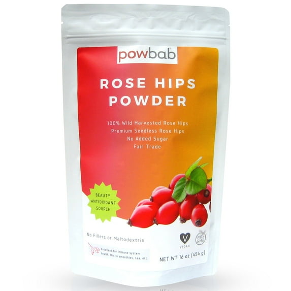 powbab Rose Hips Powder - 100% Wild, Organic Rosa Rubiginosa, Rosehip Tea, Vitamin C (16 oz)