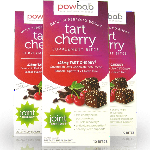 powbab Tart Cherry Supplement Bites, Organic Dark Chocolate Covered, Low Sugar - 10 count Pack (3 Pack)