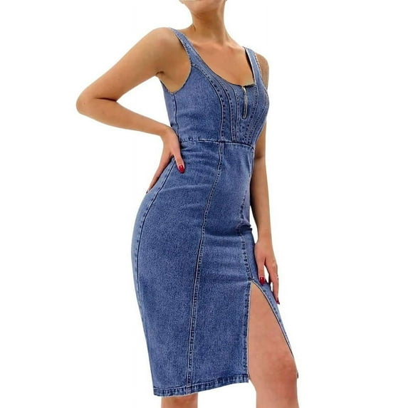 ppkood Women Denim Dress Sleeveless Side Slit Bodycon Midi Jean Dresses