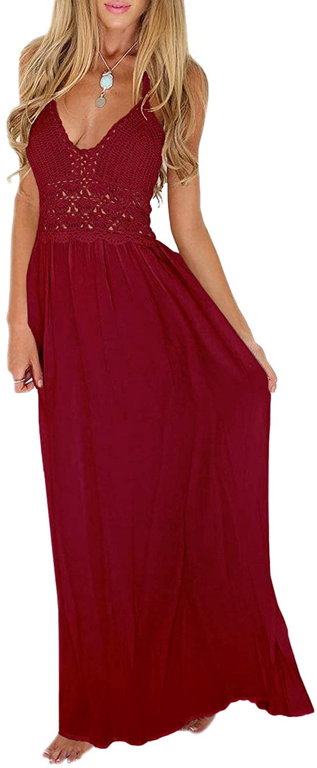 ppyoung Women's Beach Crochet Backless Bohemian Halter Maxi Long Dress