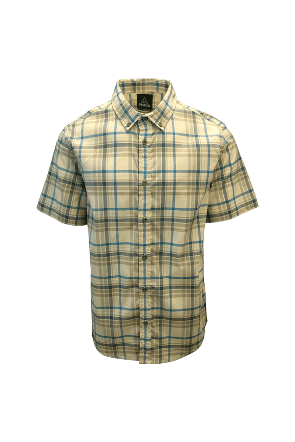 Men's Beige Blue Brown Plaid S/S Woven Shirt