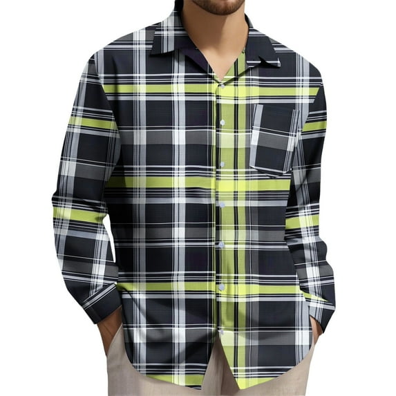 prcolt Men's Big and Tall Plaid Button Down Shirts Lapel Long Sleeve Dress Shirts Lightweight Casual Work Shirts with Pockets